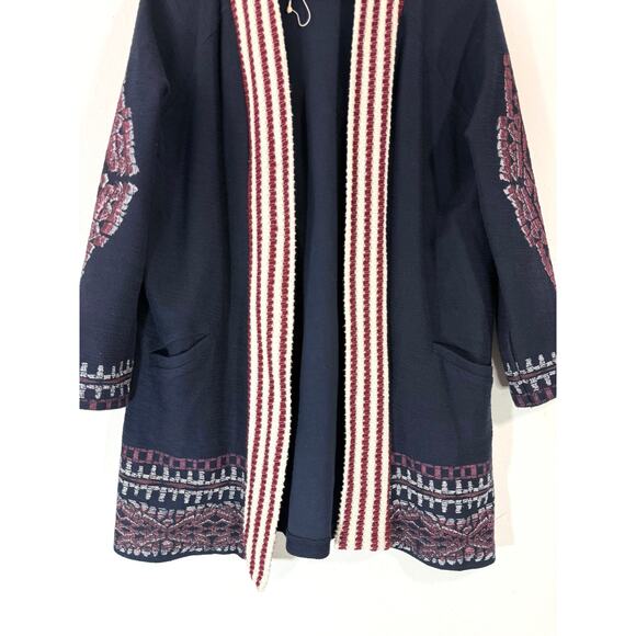 ZARA Trafaluc Boho Woven Open Front Cardigan Kimono Jacket Navy Cotton Size M - Picture 4 of 8